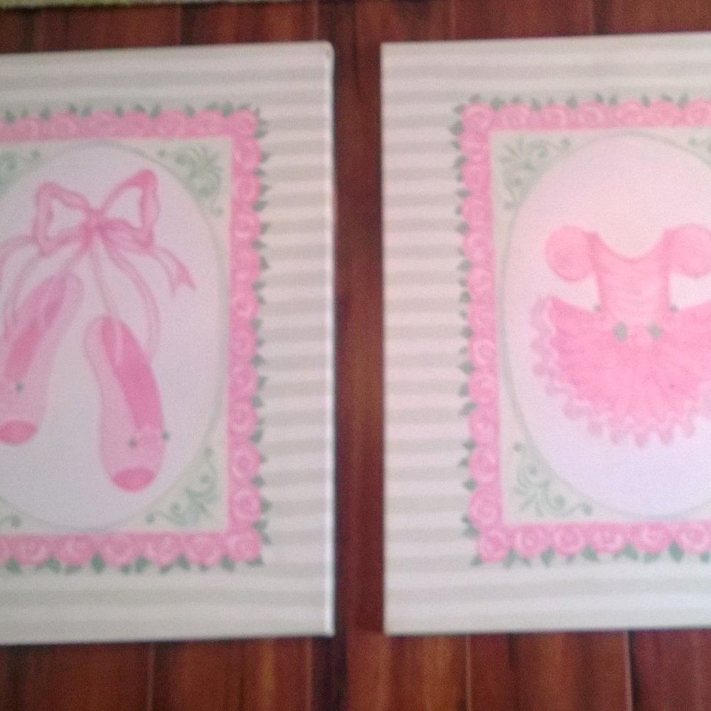 2 Canvas Prints Ballerina Little Girls Room Pastel Pink & Green Tutu Slippers